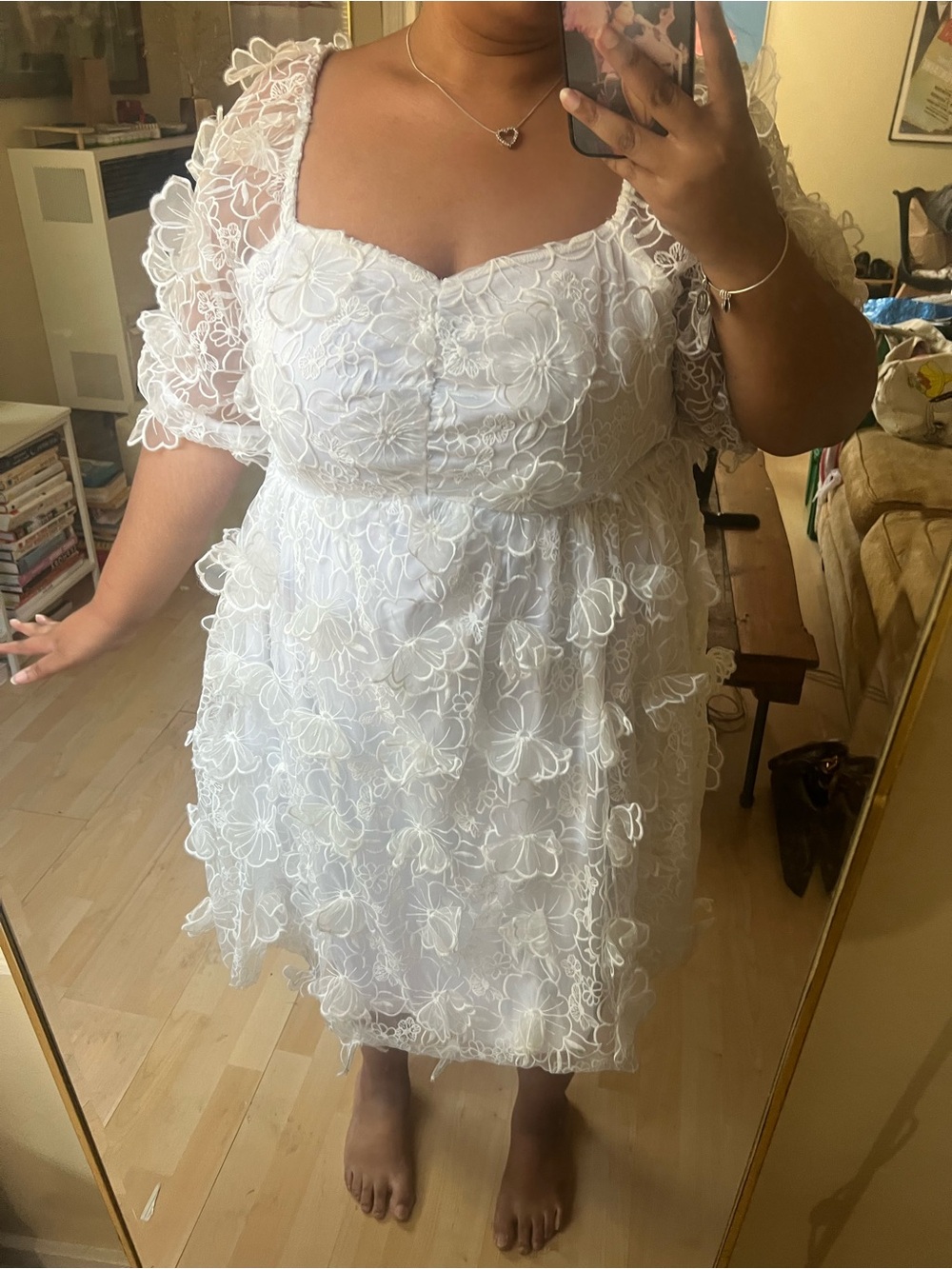 Arula White Floral Lace Puff Sleeve Dress